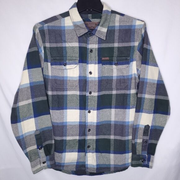 Orvis Flannel Shirt Mens Medium Plaid Green, Blue, White Heavyweight - Picture 1 of 13